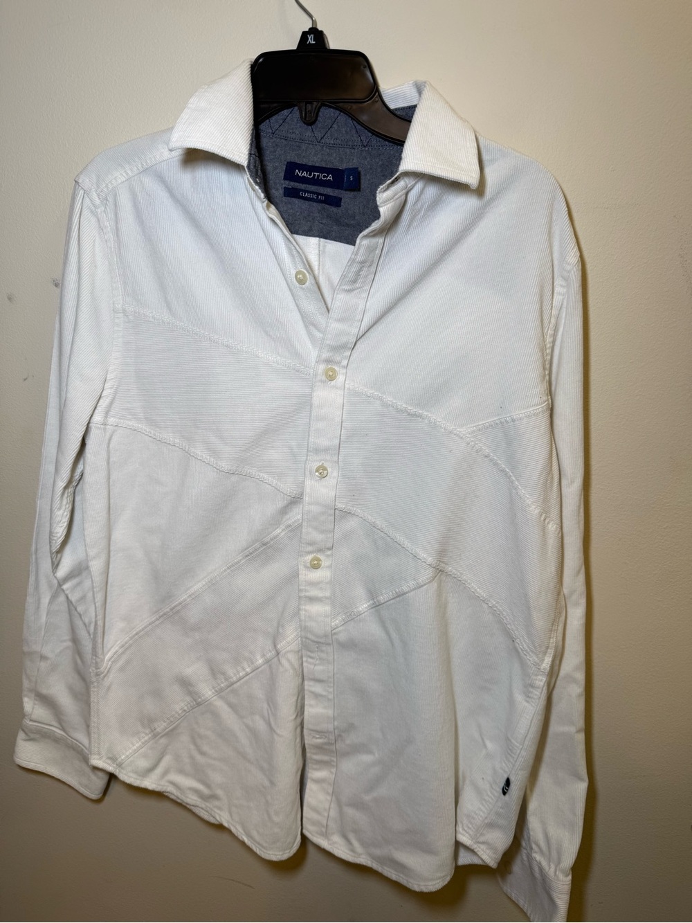 Nautica Men’s Classic Fit White Corduroy Cotton Button Up Shirt S Long Sleeve